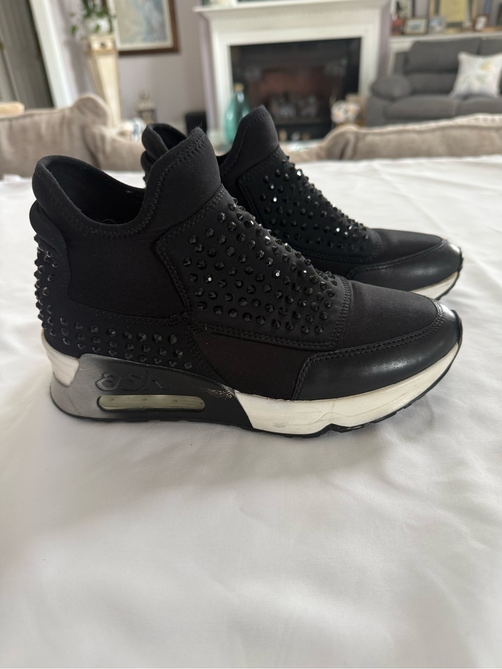 Ash Women's Laser Studs Trainer Black Leather & Neoprene Sneakers Size 36
